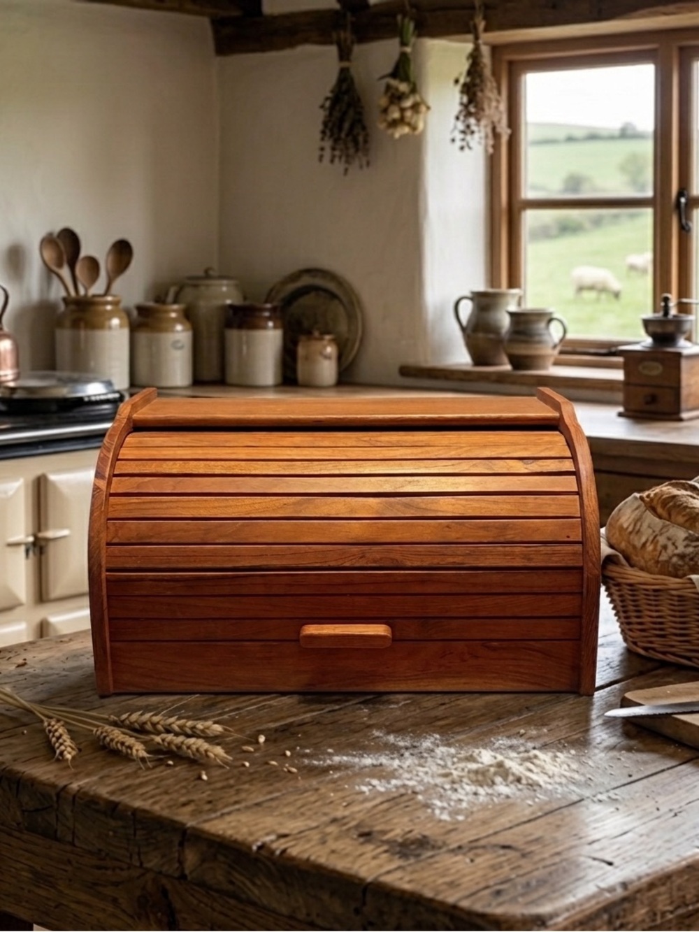 Vintage Roll Top Goodwood Genuine Teak Wood Bread Box Rustic Farmhouse Folk Art